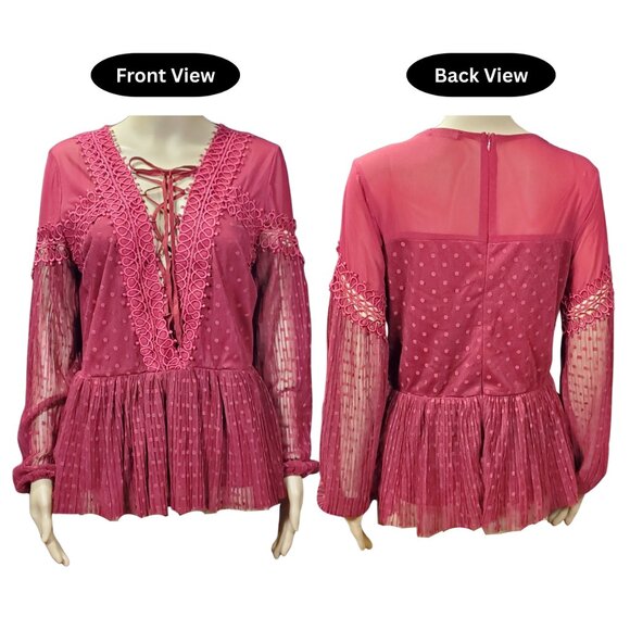B.K.E. Boutique Burgundy Lace-Up Peplum Blouse | Sheer Dot Sleeves | Women’s M - Picture 3 of 7